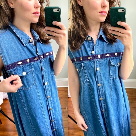 Vintage 90s Denim Button Down Silver Velvet Sleeveless Slit Maxi Dress L - Picture 4 of 9